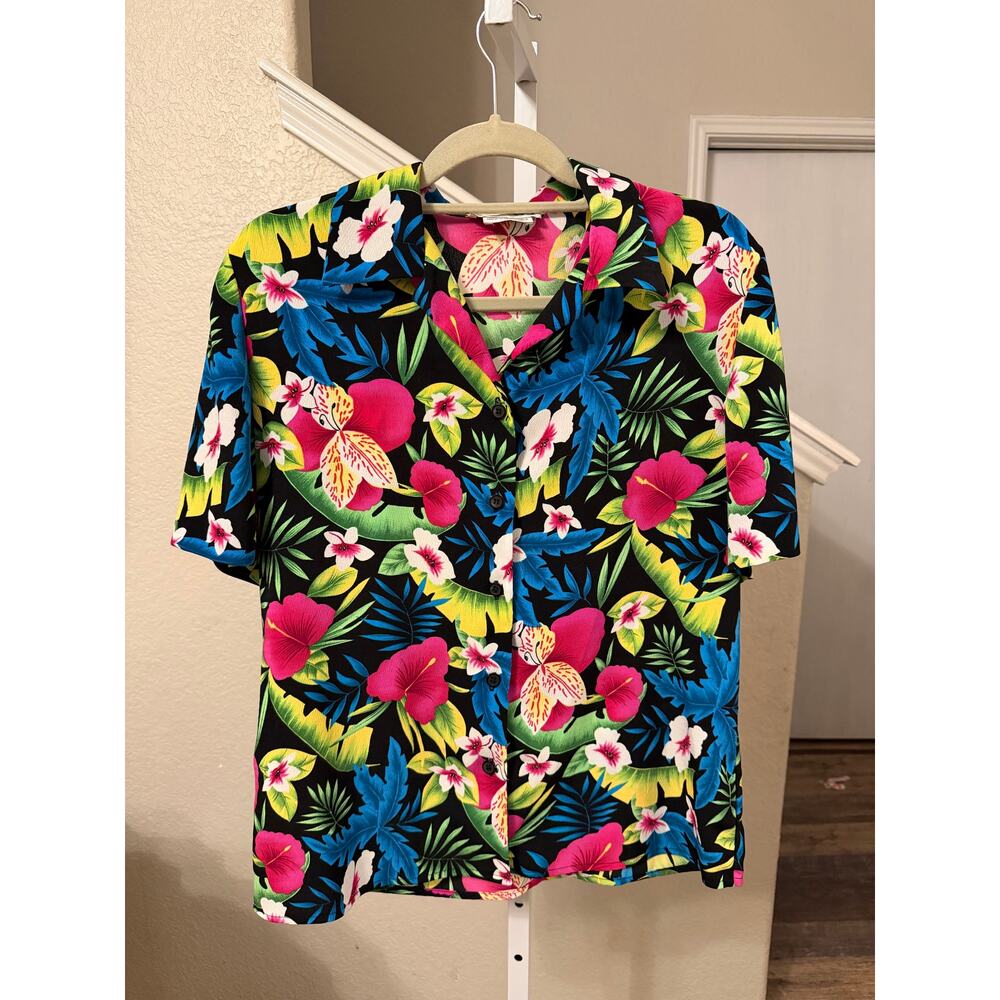Joan Leslie Vintage Button up Short sleeve Floral Blouse Size 8